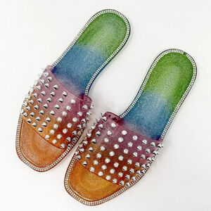 Wild Diva Gradient Spike Jelly Rhinestone Sandals Slides Rainbow  Sz 8